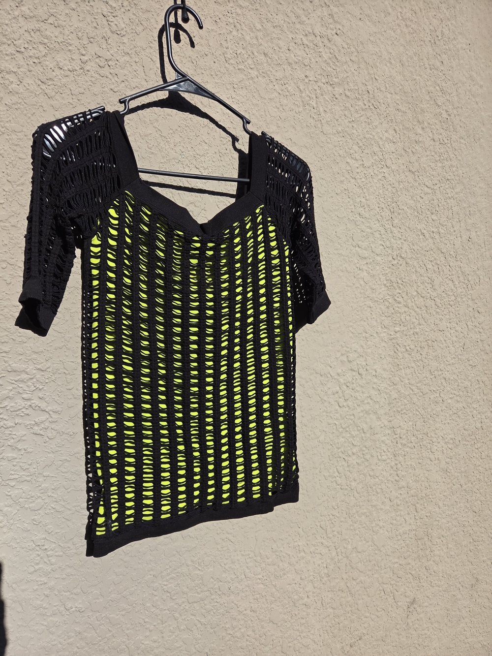 bebe Black Open-Weave Crop Top with Neon Yellow Lining